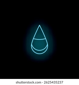 Blue neon sign shaped like a water drop glowing on a black background