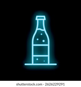 Blue neon sign showing a bottle of sparkling water with bubbles on a black background