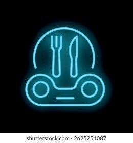 Blue neon sign showing food delivery service with fork and knife on black background