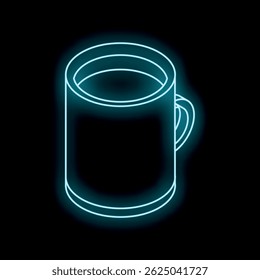Blue neon sign showing a full coffee mug glowing on black background