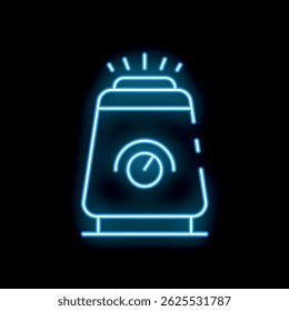 Blue neon sign showing a smart speaker with voice assistant emitting light beams on black background