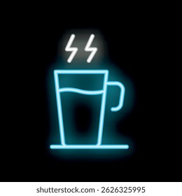 Blue neon sign showing a steaming hot drink in a glass mug with handle on a black background
