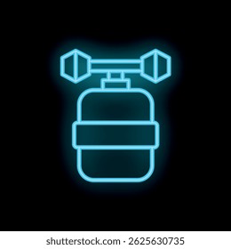 Blue neon sign showing a water cooler with dumbbells on top representing healthy lifestyle and fitness at work
