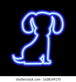 blue neon sign of sitting dog on black background