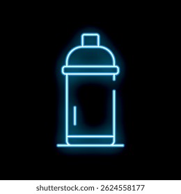 Blue neon sign of a spray paint can glowing on a black background, perfect for concepts about street art or graffiti