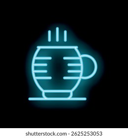 Blue neon sign of steaming hot beverage in mug on black background