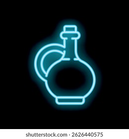 Blue neon sign of a traditional bottle shining brightly on a black background