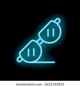 Blue neon sign of welding goggles lying on a surface, safety equipment, on black background