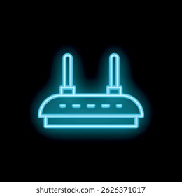 Blue neon sign of a wifi router glowing on a black background
