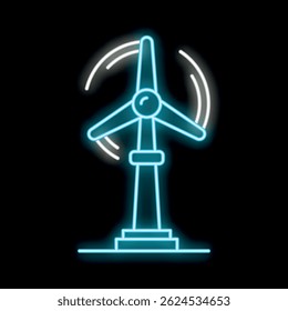 Blue neon sign of a wind turbine spinning and generating clean, renewable energy on a black background