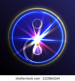 blue neon sign Yin-Yang on the background of a multicolored flash of light
