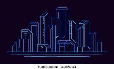 Blue neon silhouette of modern city center in outline 80s arcade game style.