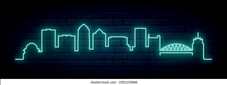 Blue neon skyline of Albuquerque. Bright Albuquerque City long banner. Vector illustration.