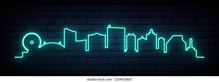 Blue neon skyline of Atlantic city. Bright Atlantic city City long banner. Vector illustration.