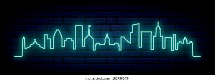 Blue neon skyline of Baltimore. Bright Baltimore City long banner. Vector illustration.
