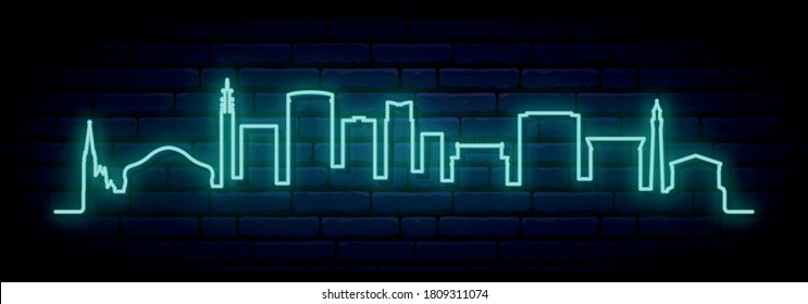 Blue neon skyline of Birmingham. Bright Birmingham City long banner. Vector illustration.
