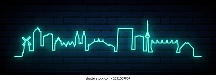 Blue neon skyline of Bremen. Bright Bremen City long banner. Vector illustration.