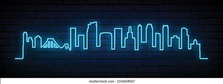 Blue Neon Skyline Of Brooklyn, New York City. Bright Brooklyn, NYC Long Banner. Vector Illustration.