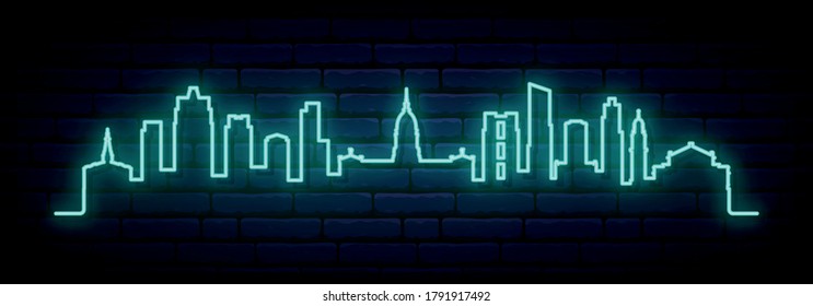 Blue neon skyline of Buenos Aires. Bright Buenos Aires City long banner. Vector illustration.