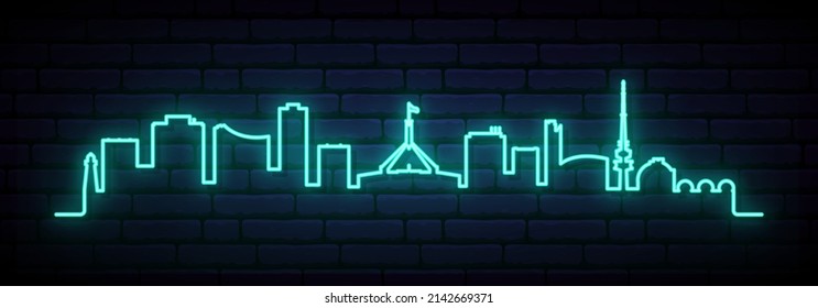 Blue neon skyline of Canberra. Bright Canberra City long banner. Vector illustration. svg