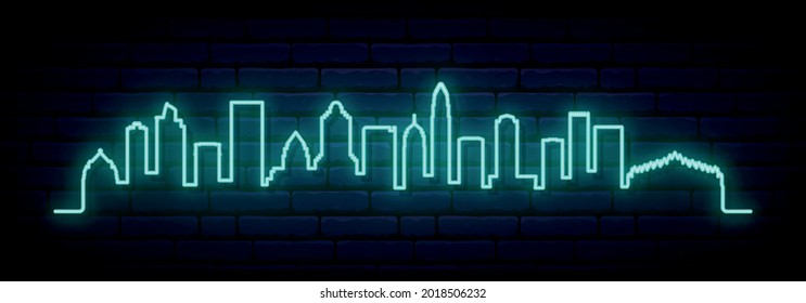 Blue neon skyline of Charlotte. Bright Charlotte City long banner. Vector illustration.