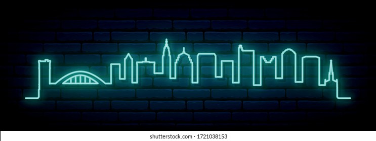 Blue neon skyline of Columbus city. Bright Columbus long banner. Vector illustration.