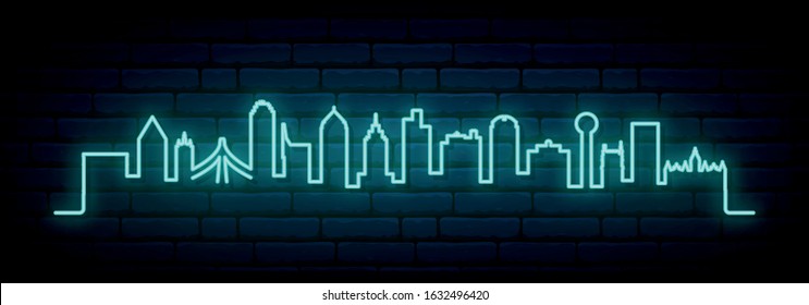 Blue neon skyline of Dallas city. Bright Dallas long banner. Vector illustration.