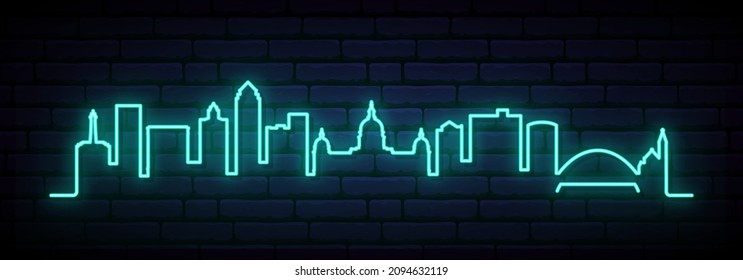 Blue neon skyline of Des moines. Bright Des moines City long banner. Vector illustration.