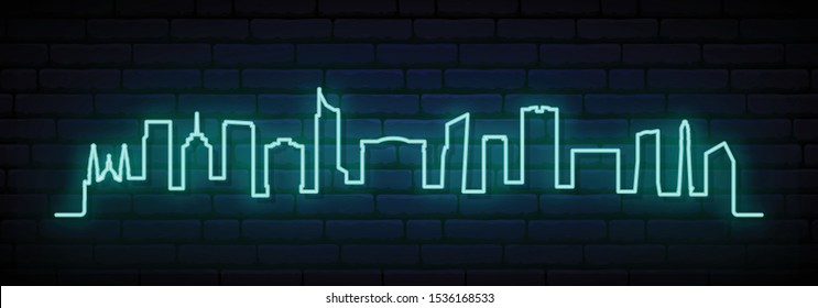 Blue neon skyline of Guadalajara City. Bright Guadalajara City long banner. Vector illustration.