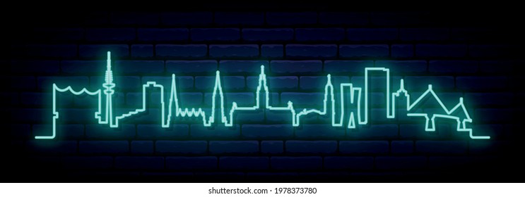 Blue neon skyline of Hamburg. Bright Hamburg City long banner. Vector illustration.