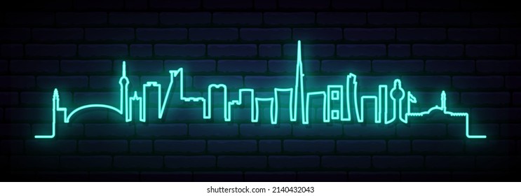 Línea azul de neón de Jeddah. Pancarta larga de la ciudad de Jeddah. Ilustración vectorial.