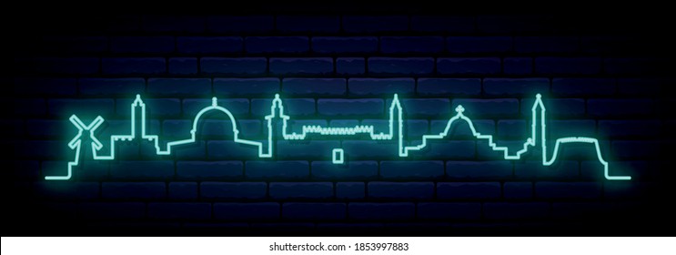 Blue neon skyline of Jerusalem. Bright Jerusalem City long banner. Vector illustration.