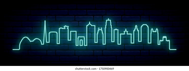 Blue neon skyline of Kansas City city. Bright Kansas City long banner. Vector illustration.
