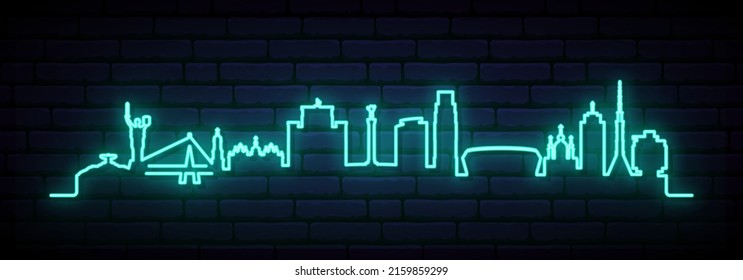 Blue neon skyline of Kyiv. Bright Kyiv City long banner. Vector illustration.