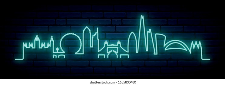 Blue neon skyline of London city. Bright London long banner. Vector illustration.