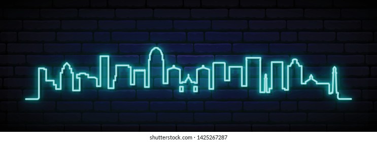 Blue neon skyline of Louisville city. Bright Louisville long banner. Vector illustration.