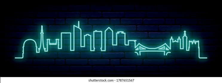 Blue neon skyline of Lyon. Bright Lyon City long banner. Vector illustration.