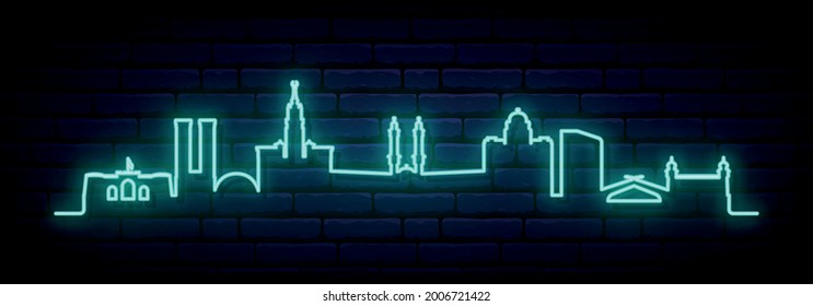 Blue neon skyline of Makkah. Bright Makkah City long banner. Vector illustration.