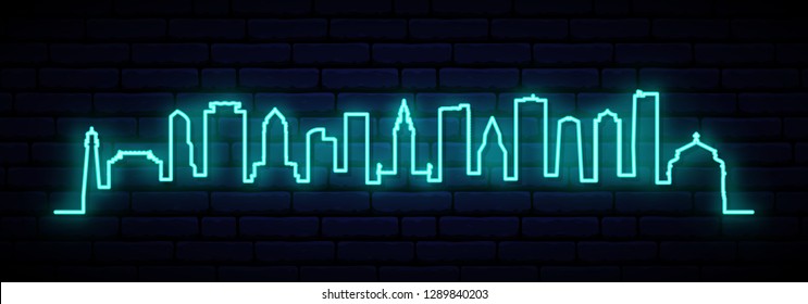 Blue neon skyline of Miami city. Bright Miami long banner. Vector illustration.