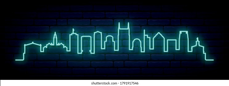 Blue neon skyline of Nashville. Bright Nashville City long banner. Vector illustration.