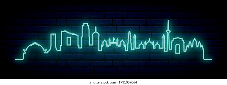 Blue neon skyline of New Delhi. Bright New Delhi City long banner. Vector illustration.