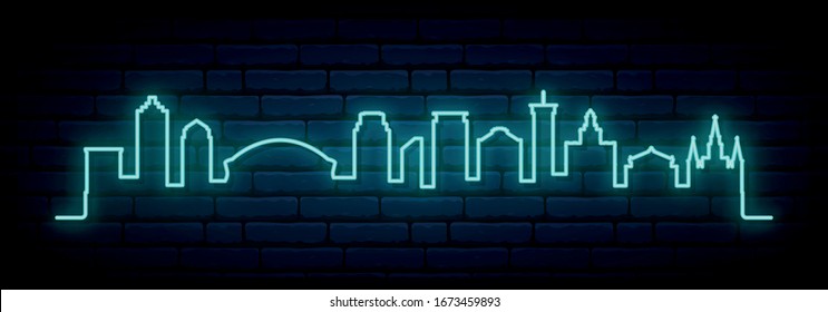 Blue neon skyline of New Orleans city. Bright New Orleans long banner. Vector illustration.