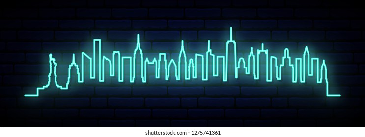 Blue neon skyline of New York city. Bright NYC long banner. Vector illustration.