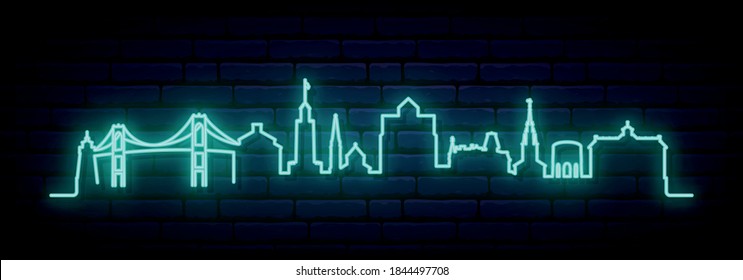 Blue neon skyline of Newport. Bright Newport City long banner. Vector illustration.