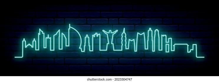 Blue neon skyline of Panama City. Bright Panama City long banner. Vector illustration.