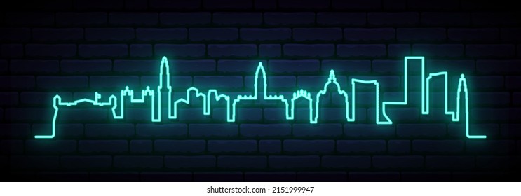 Blue neon skyline of Porto. Bright Porto City long banner. Vector illustration.