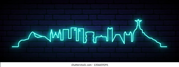 Blue neon skyline of Rio de Janeiro city. Bright Rio long banner. Vector illustration.