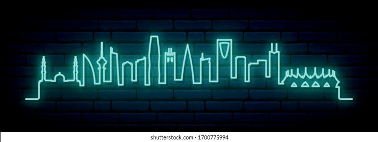 Blue neon skyline of Riyadh city. Bright Riyadh long banner. Vector illustration.