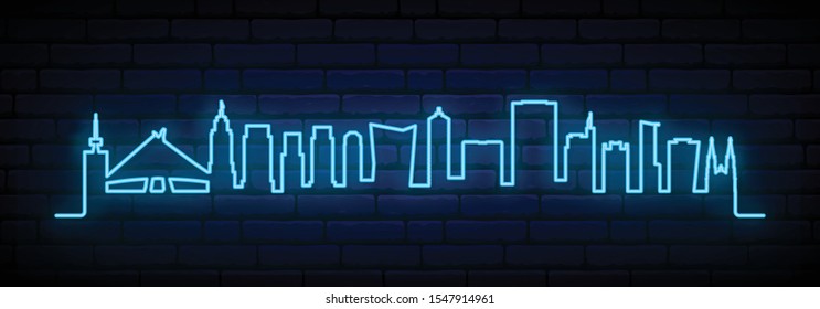 Blue neon skyline of Sao Paulo City. Bright Sao Paulo City long banner. Vector illustration.