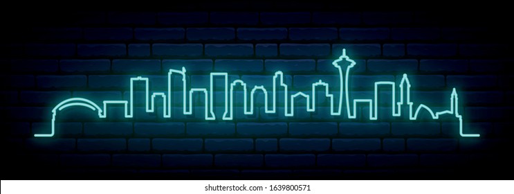 Blue neon skyline of Seattle city. Bright Seattle long banner. Vector illustration.